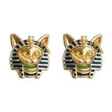 Gold Plated Enamel Art Earrings Pharaoh Cats Head Ear