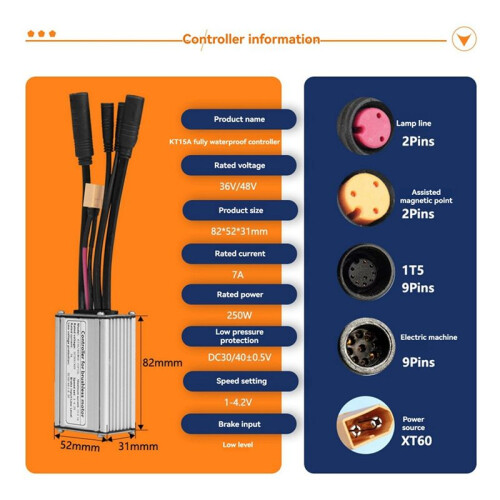 Electric Bicycle Controller with 1T5 Light Wire KT-15A Waterproof Sine Wave Controller Essential E-Bike Accessory 1