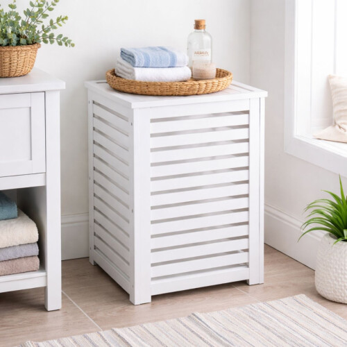White Bamboo Laundry Basket with Lid - Bathroom Storage Cabinet Unit 1