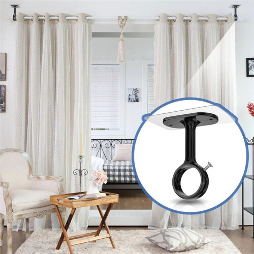 6 Pack No Drill Ceiling Mount Rod Brackets, Heavy Duty Self Adhesive Holders, Adjustable Hooks Hanging Black 2