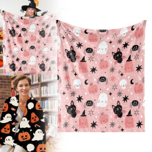 Halloween Fuzzy Pink Blanket with Pumpkin, Ghost & Bat – Soft Flannel Throw for Bed, Sofa, Party (50x60")