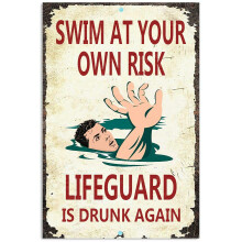 Funny Metal Pool Rules Sign Swim at Your Own Risk Tiki Bar Wall Decor Humorous Indoor Outdoor Use