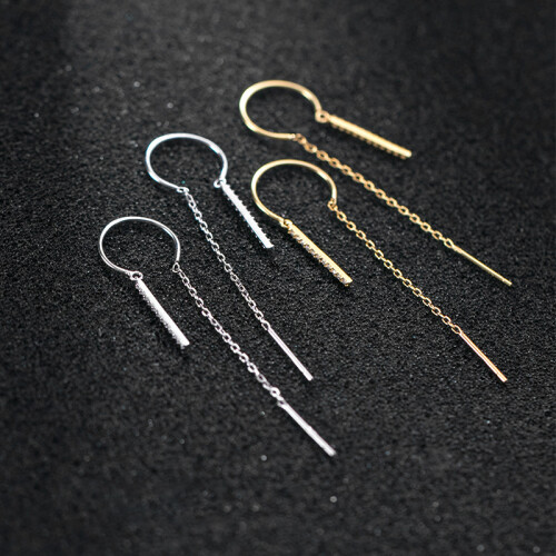 925 Silver Chain Piercing Drop Earring Long Chains Thread Pin Jewelry Silver-Color