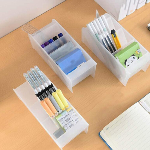 Desk Manager Pen Storage Rack Multi-Compartment Pen Holder Storage Box Stationery Solid Color Translucent for Office 1