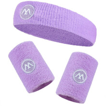 Purple Terry Cloth Sweatband Set Moisture Wicking Athletic Headband and Wristbands for Running and Workout