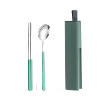 Stainless Steel Travel Utensil Set with Case, Reusable Cutlery for Lunch Camping Students, Green 2pcs