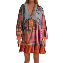 Women's Boho Print Long Sleeve Deep V-Neck Mini Dress