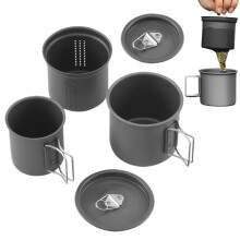 Camping Cookware Set with Foldable Handle, Durable Camping Coffee Pot and Stackable Cups for Hiking