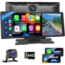 Podofo 9,3 tuuman kannettava autoradio, varustettu kaksinkertaisella 2,5K sisäkameralla, yhteensopiva langattoman Apple CarPlayn ja Androidin kanssa.