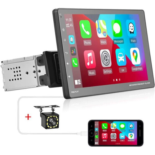 Rádio de carro - PODOFO - 1Din 9 polegadas - CarPlay e Android Auto - Tela sensível ao toque removível - Câmera de ré à prova d'água