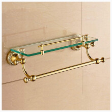 Bathroom Glass Shelf with Towel Bar, Wall Mounted Tempered Glass Shelf with Copper Frame 56cm