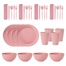 Conjunto de pratos e tigelas com talheres, próprio para micro-ondas. Conjunto de jantar sustentável de 36 peças, próprio para lava-louças.