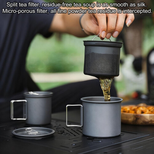 Camping Cookware Set with Foldable Handle, Durable Camping Coffee Pot and Stackable Cups for Hiking 1