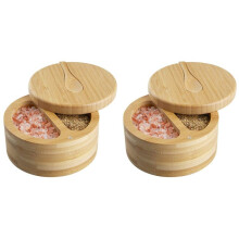 2X Seasoning Box with Swivel Lid Bamboo Salt Cellar with Lid and Spoon, 2-Compartment Salt Pepper Bowls,Dual 6 Oz