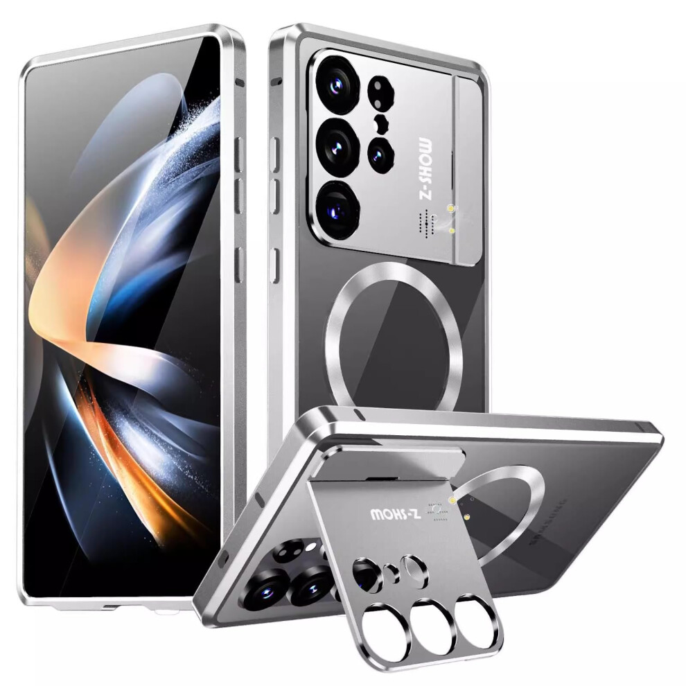 Case Military Grade Drop Protection With Hidden Foldable Stand Alloy For Samsung Galaxy S25 Ultra Silver 9771547388449