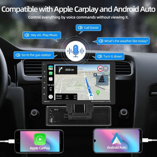 Rádio de carro - PODOFO - 1Din 9 polegadas - CarPlay e Android Auto - Tela sensível ao toque removível - Câmera de ré à prova d'água 1