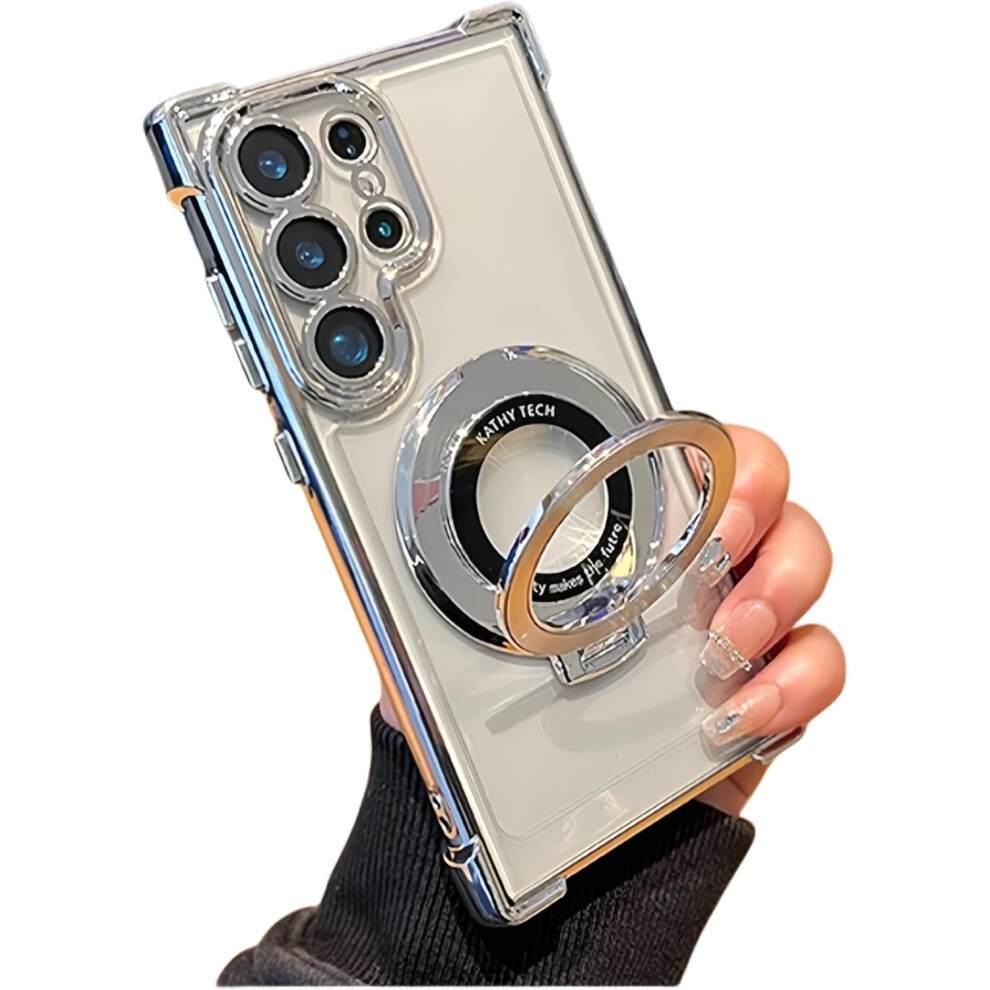Magnetic Phone Case For Samsung Galaxy, Electroplated Shockproof Ring Stand Cover With Airbag Corners Silver 9771547389279