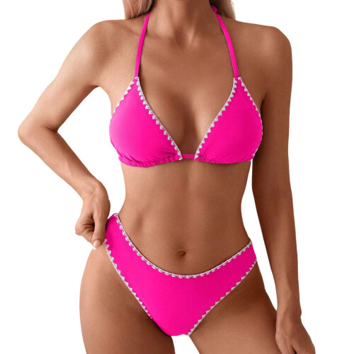 Ensemble de Bikini Triangle en dentelle de couleur-rose rouge M
