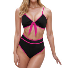 Damen-Bikini-Set mit hohem Bund und Knoten,-schwarz rosarot M