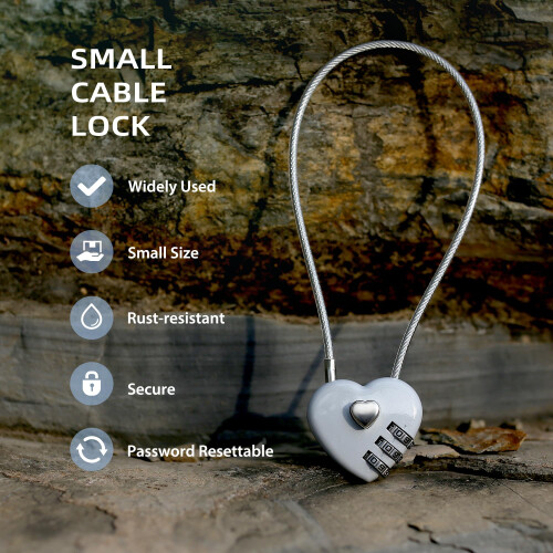 Heart Shaped 3 Digit Combination Cable Lock, Keyless Security for Luggage, Backpack, Bike, Cabinet 2