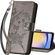 Wallet Case Leather Flip Cover with Card Holder Stand Magnetic Lock Gray Flower for Samsung Galaxy A26 5G
