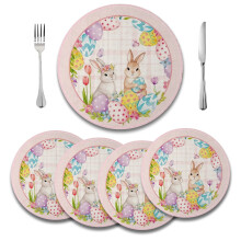 Spring Easter Round Placemats Set of 4,Happy Easter Funny Rabbits and Eggs Table Place Mats 14 inch