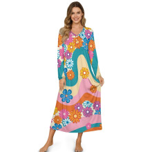 Camisola feminina de manga comprida com botões frontais, confortável para dormir e relaxar – Tamanho 4XL, Estampa de margaridas descoladas