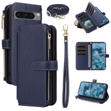 Wallet Case with Wrist and Shoulder Strap, Leather Flip Cover with Card Holder and Zipper for Pixel 8 Pro