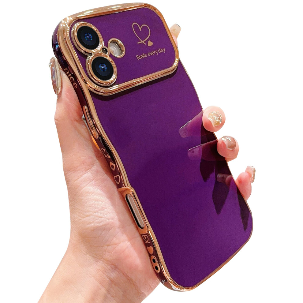 Luxury Electroplated Heart Iphone 16 Case For Women Girls, Shockproof Tpu Cover With Raised Camera Guard And Slim Wavy Grip, Dark Purple 9771547394389