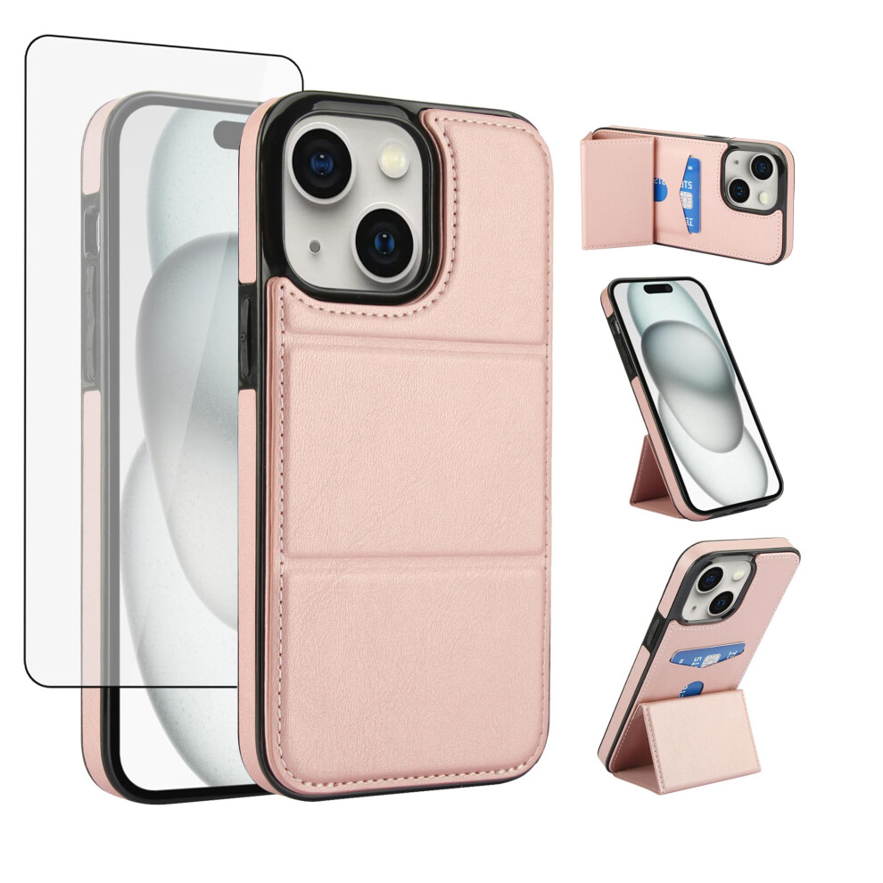 Wallet Case Rose Leather Cover With Card Holder Kickstand And Screen Protector For Iphone 15 Plus Gold 9771547394693