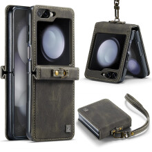 Leather Case with Wrist Strap, Shockproof Drop Protection, Retro PU Design, Gray for Samsung Galaxy Z Flip 6