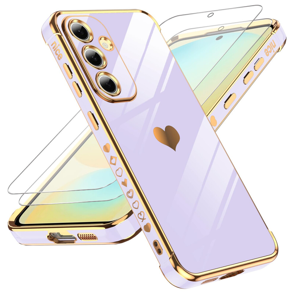 Case For Samsung Galaxy S24 Fe With Screen Protector, Shockproof Tpu Love Heart Plating, Full Camera Protection, Purple 9771547395522