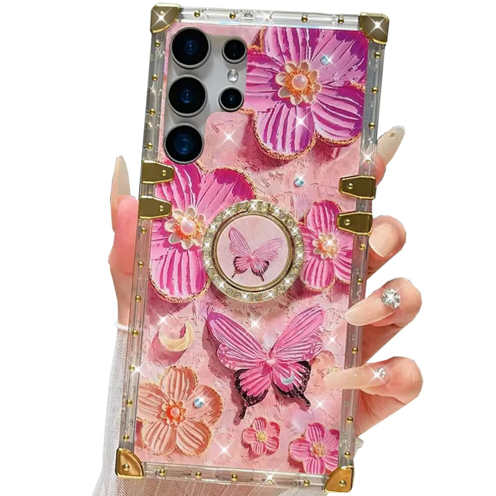 Glitter Ring Stand Case Floral Shockproof Cover With 360 Kickstand For Samsung Galaxy S25 Ultra Pink 9771547396307