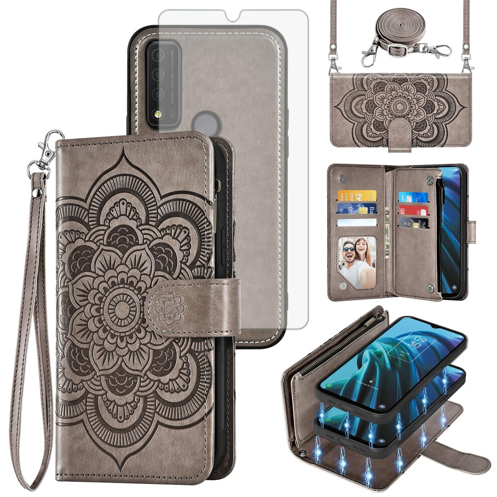 Wallet Case With Card Holder, Detachable Magnetic Cover, Strap And Screen Protector Compatible With Tcl 30Xe/30V 5G For Women Gray 9092120019230