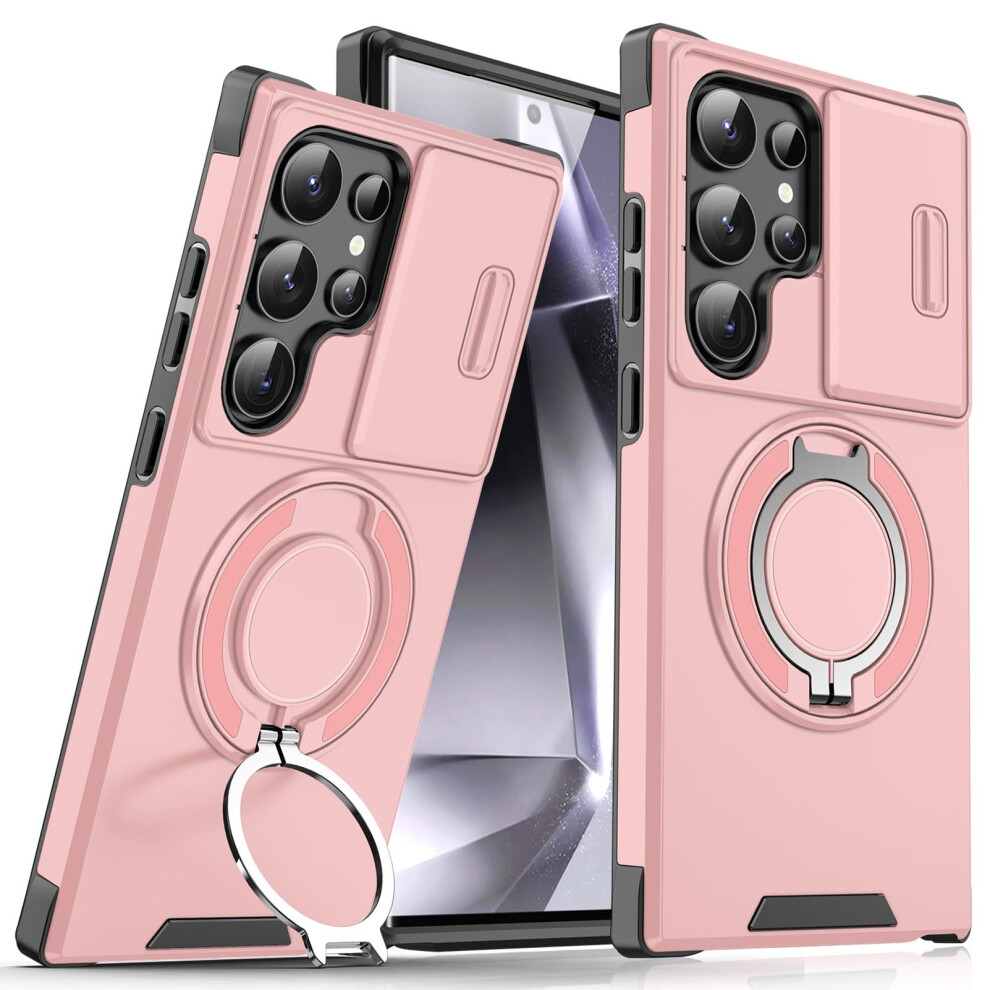 Case For Samsung Galaxy S25 Ultra With Sliding Camera Lens Cover, Shockproof Ring Stand Slim Cover Pink 9092120019469