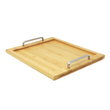 Wooden Serving Tray Solid Stainless Steel Handles 37x32cm Rectangular Serving