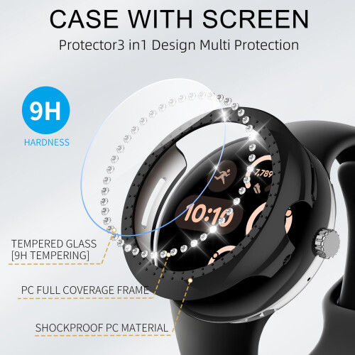 2 Pack Screen Protector Case for Google Pixel Watch 3 41mm, Bling Glitter Full Coverage Protective Cover with Tempered Glass 2