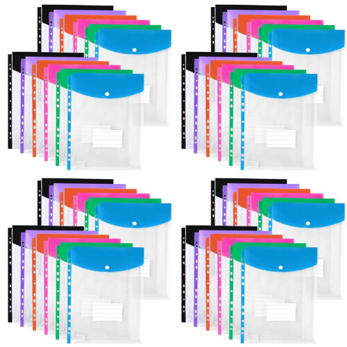 48Pack Plastic Envelopes, Binder Pockets for 3/4/11 Ring Binder,Expandable Document Organizer with Snap Button and Label