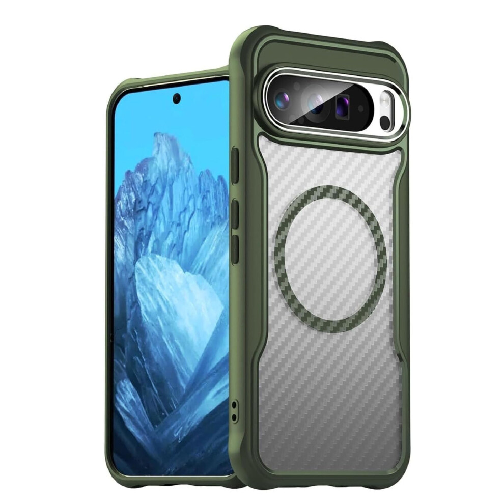 Magnetic Clear Carbon Fiber Case For Google Pixel 9 Pro Xl/9 Pro/9, Shockproof Slim Wireless Charging Cover (Green) Green 9092120020847