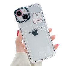 Cute Kawaii Bunny Case for iPhone 14 Clear Shockproof Silicone Cover with Credit Card Slot Wallet Design