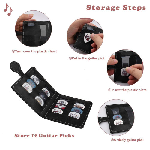Wallet-Type Guitar Pick Holder Case Suitable for 6-String/4-String Guitar/Bass/Ukulele Holds 12 Picks Soft Leather 1