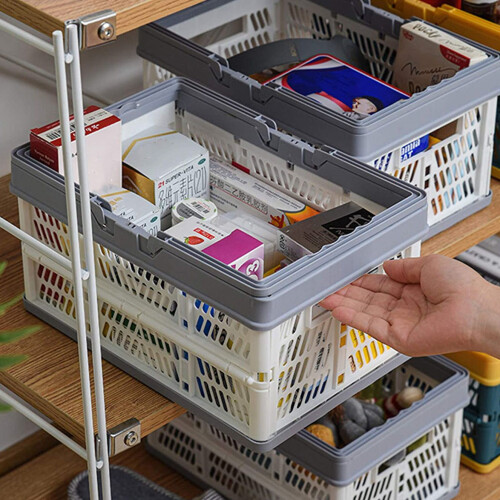 2Pcs Plastic Collapsible Storage Crates with Handles,Stackable Folding Shopping Baskets,Utility Container Organizer Bins 2