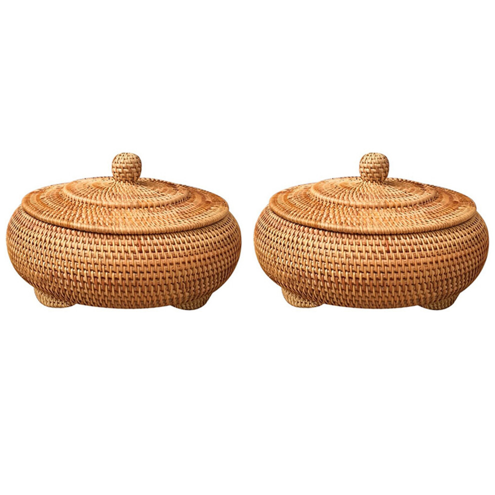 Typecat 2X Storage Basket Hand-Woven Rattan Woven With Cover Round Primary Color Chinese Jewelry Snacks Tea Set Storage Box