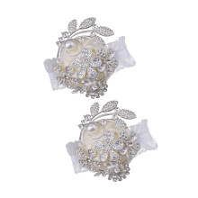 Stylish Wedding Party Wrist Flowers Ribbon Pearls-Milk white
