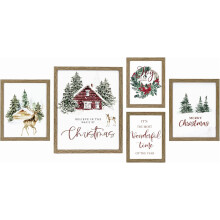 Conjunto de quadros de Natal para parede (5 peças, 28x35 cm, 20x25 cm, 20x15 cm) – Casa vermelha, guirlanda, veado e árvore para sala de estar,