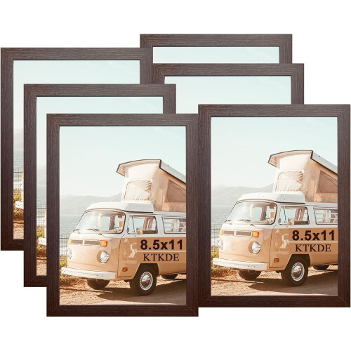 8.5x11 Picture Frame Certificate Document Frame with Shatter Resistant Plexiglasss, 6 Pack Diploma Frames for Wall and Tabletop, Walnut