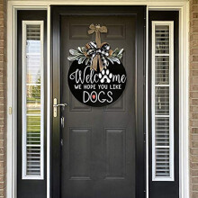 Welcome Sign Front Door Hanger Wreath with Bow Welcome We Hope You Like Dogs Farmhouse Round Hanging Flower Bow Decor