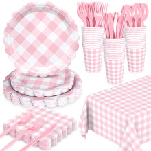 Pink Gingham Party Supplies Complete Tableware Set for 25 Guests with Plates Cups Cutlery Napkins