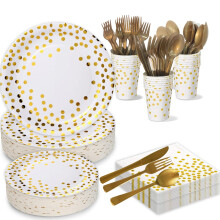 Gold Disposable Party Plates and Napkins Set for 25 Guests, White and Gold Tableware 175pcs