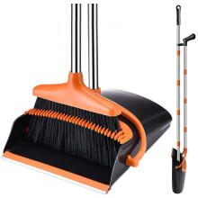 Long Handled Dustpan and Brush Set Upright Broom for Easy Sweeping Home Office Black Orange